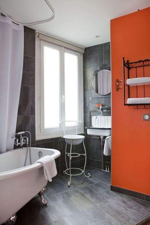 Image result for Orange Accents, Ivory Walls, And Gray Tiles bathroom pinterest
